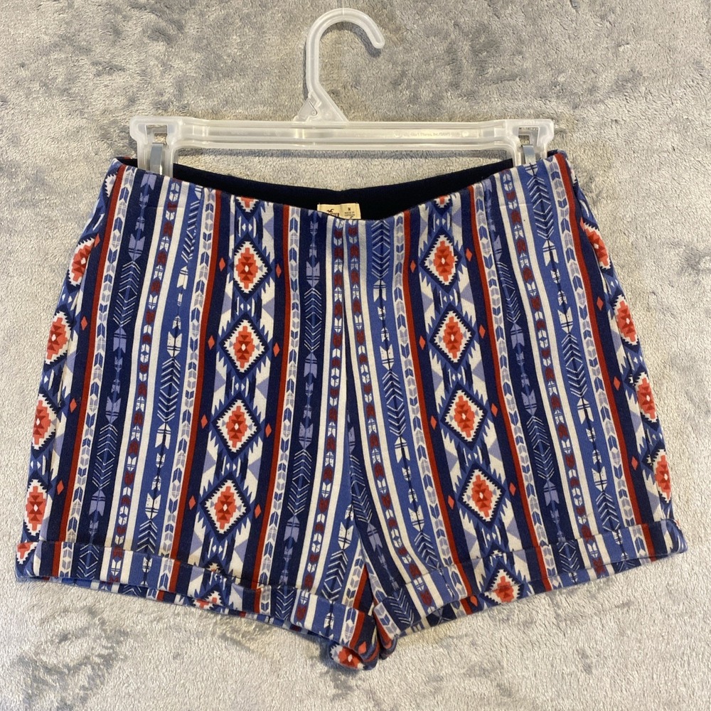 Hollister Shorts Junior Sz M Blue Red Pull On Stretch Tribal Aztec Hippie Chic‎